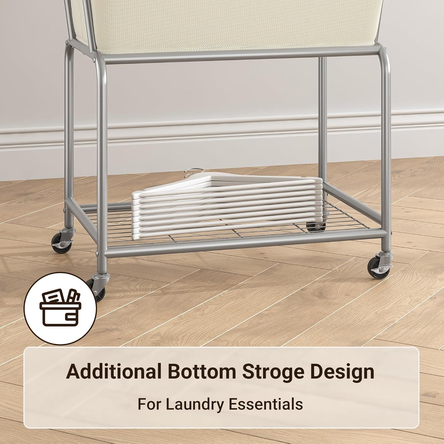 ELYKEN Laundry Cart with Wheels, Rolling Laundry Hamper with Removable Bag and Shelf, Metal Frame Laundry Basket with 4 Casters and 2 Brakes, Ideal for Bedroom, Bathroom, Laundry Room, Cream