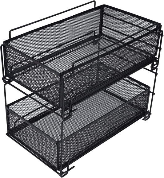 Cupboard Organiser, 2 Tier Under Sink Storage Organiser, Kitchen Storage Drawer Basket Rack Multilayer Kitchen Shelf Sliding Under Sink Drawer