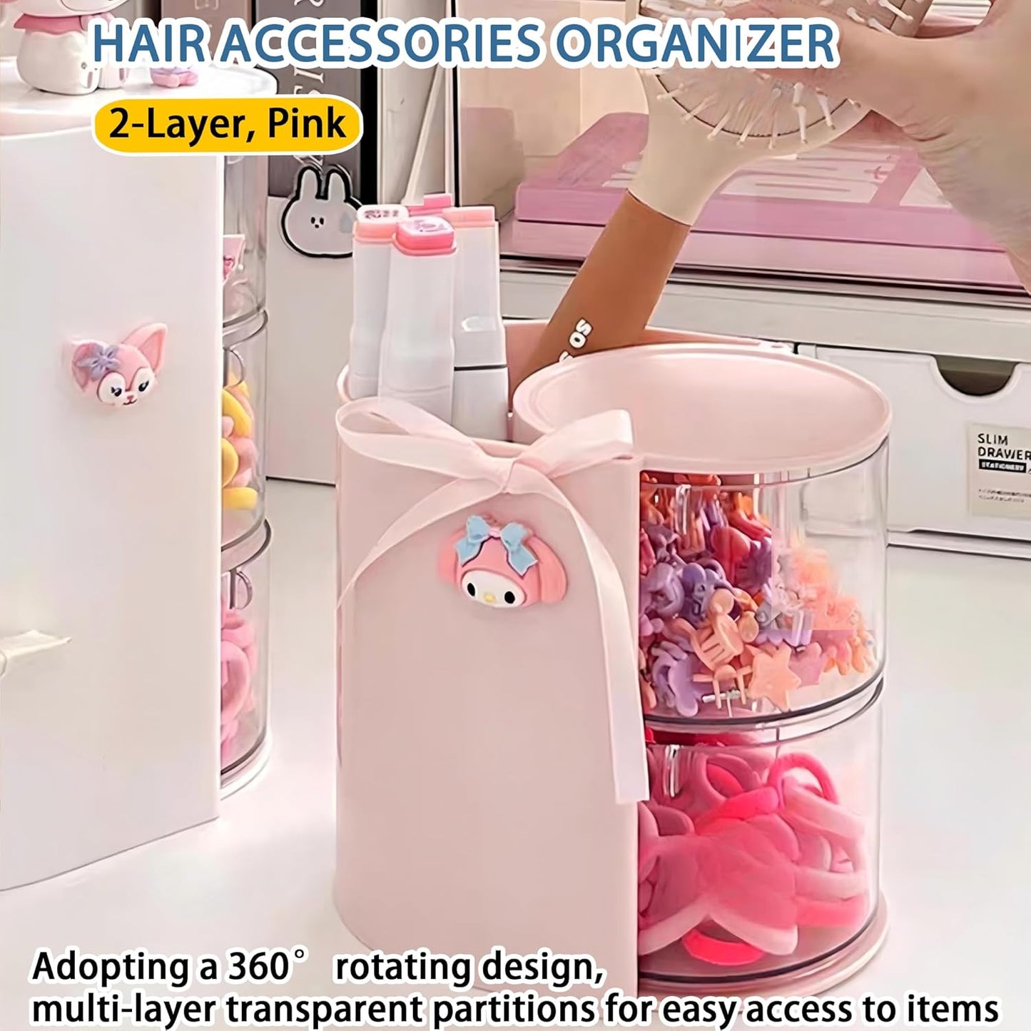Hair Accessories Organizer with Hair Brush Holder, Rotatable Makeup Brush Holder for Necklaces, Earring, Bracelet, Ring, Makeup Brushes, Hair Clip and Hair Accessories (Pink, 2-Layer)