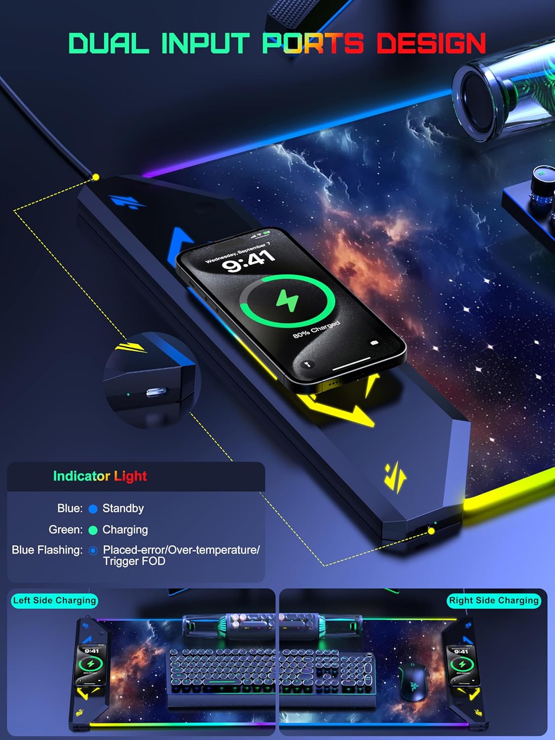 TopMade Wireless Charging Mouse Pad, RGB Gaming Mousepad, 35.4" x 15.8" Extra Large Waterproof Keyboard Desk Pad, Computer Desk Mat, Blue Nebula (Includes 20W PD Power Adapter & 6.56ft Woven Cable)
