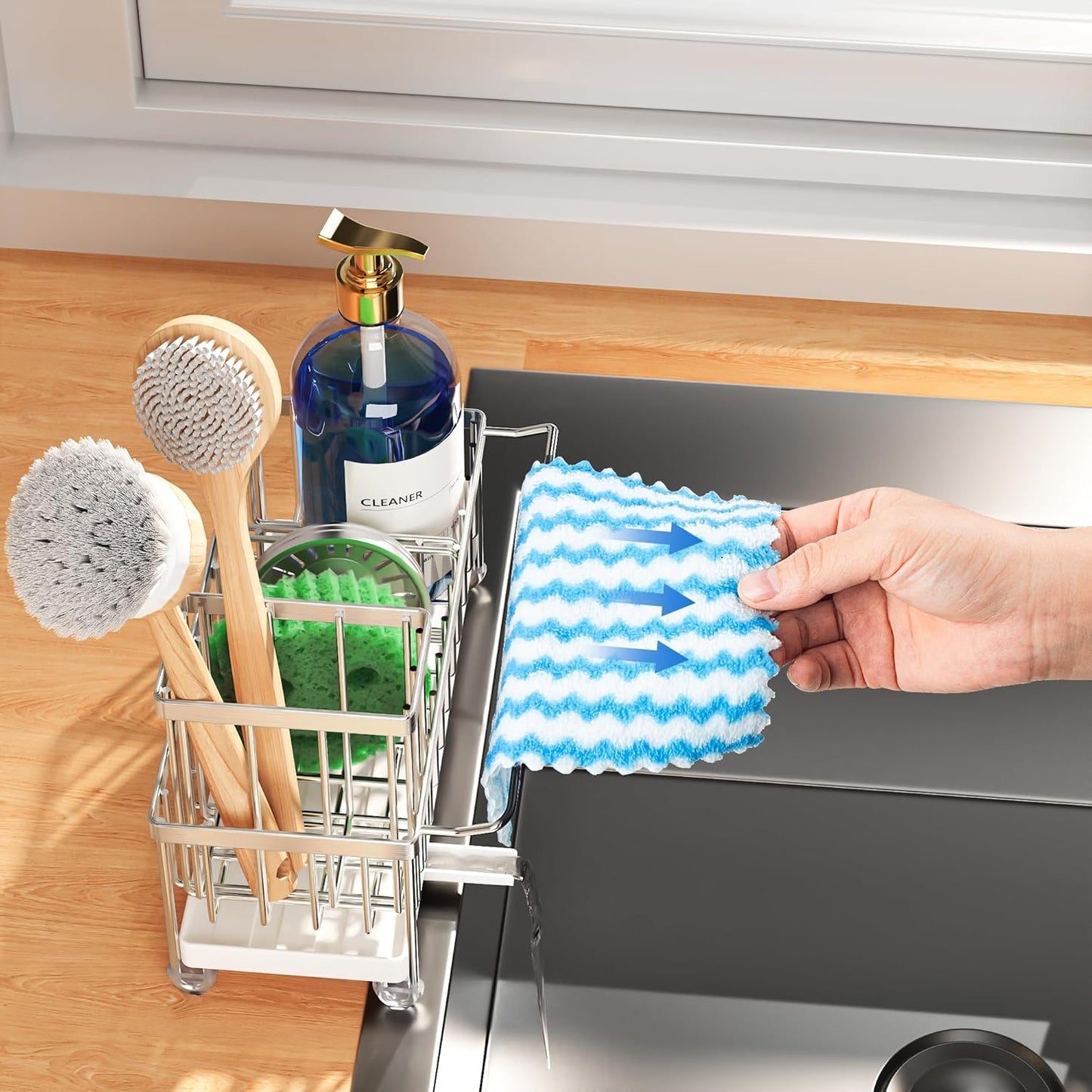 Cisily Stainless Steel Sponge Holder for Kitchen Sink with Towel Rack, Sink Caddy with Kitchen High Brush Holder, Organzier Rustproof 304 Stainless Steel Dish Organizer Divider, Soap Dispenser Storage