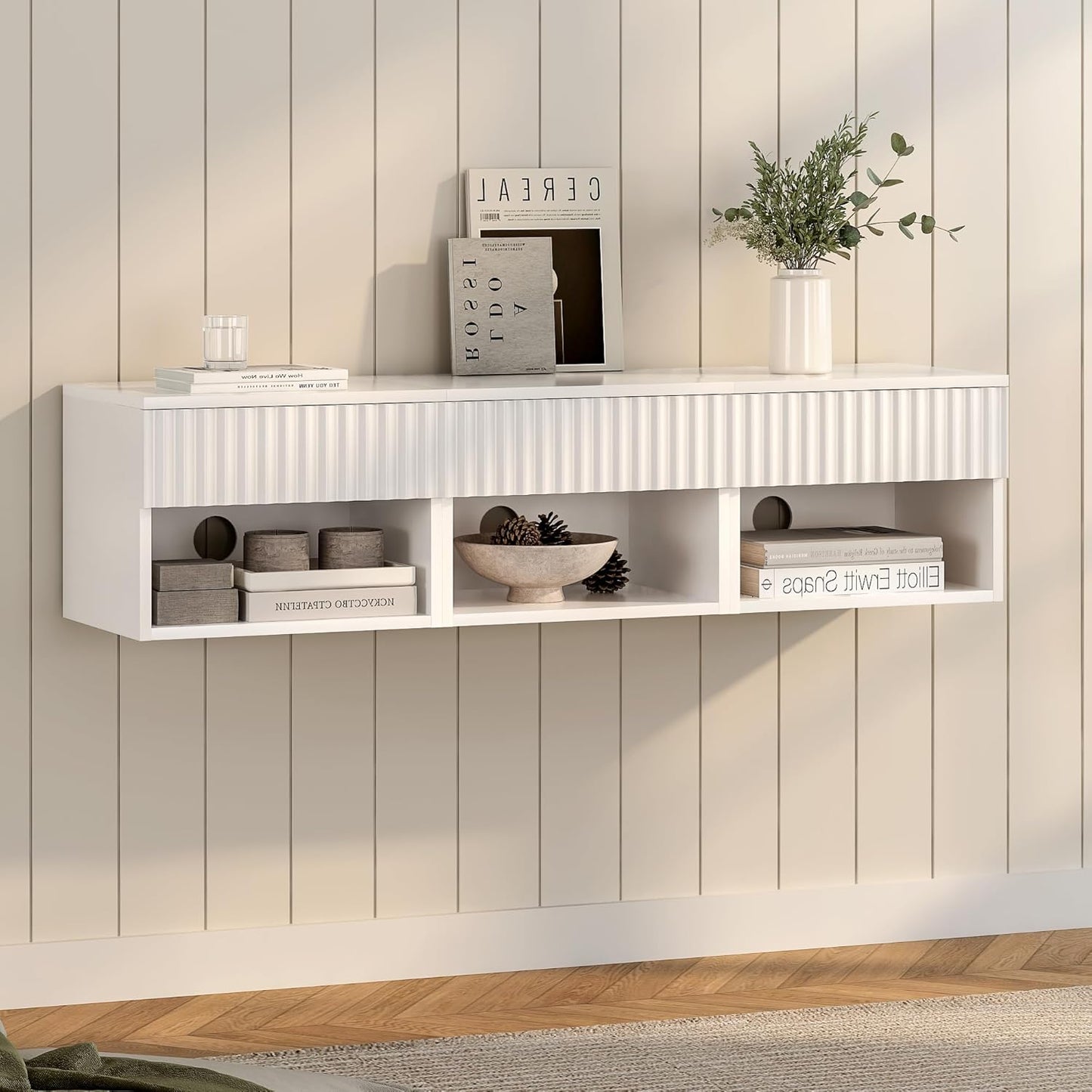 Floating TV Stands Set of 4 with Drawer and Open Shelf, Small Wall Mounted Bedside End Table, Modern Fluted Night Stand for Bedroom, Living Room, White