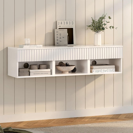 Floating Nightstands Set of 3 with Drawer and Open Shelf, Small Wall Mounted Bedside End Table, Modern Fluted Night Stand for Bedroom, Living Room, White