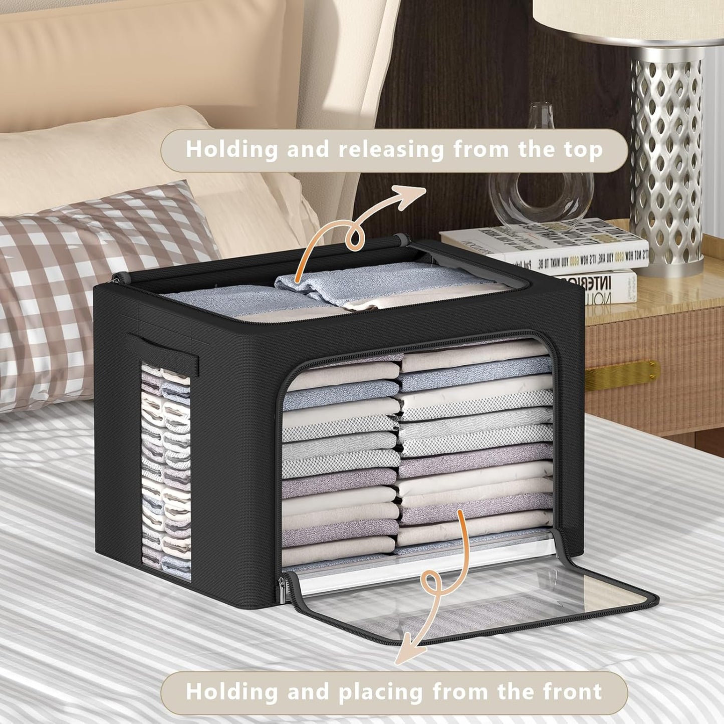 CYhom 3Pack Frame Storage Box - Clothes Storage Bin Bags Oxford Fabric Foldable Stackable Container Organizer Set with Clear Window & Carry Handles (Black, Large-66L)