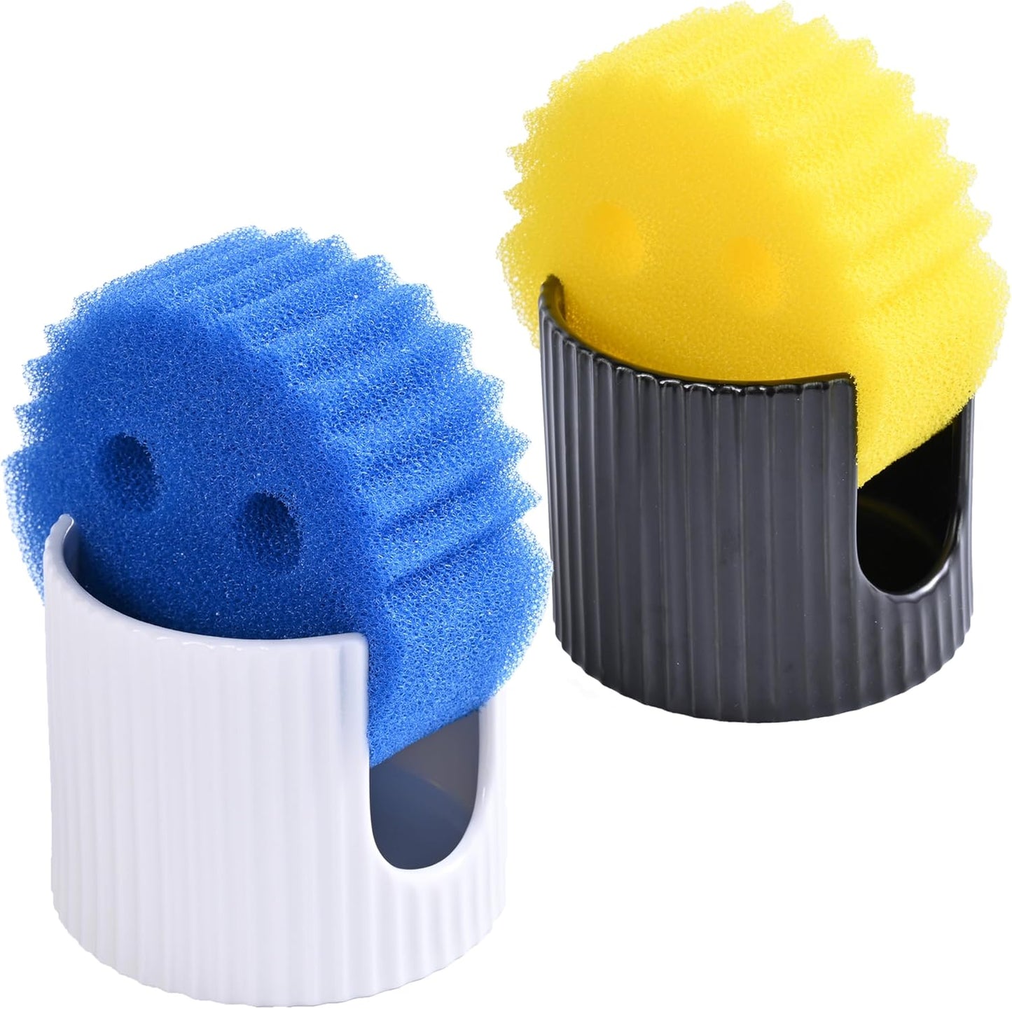 Kitchen Sponge Holder,3 inch heigh Ceramic Sponge Holder for Kitchen Sink Countertop,Space-Saving Multi-Functional Dish Sponge Rack and Bathroom Organizer Accessories,White and Black Suits
