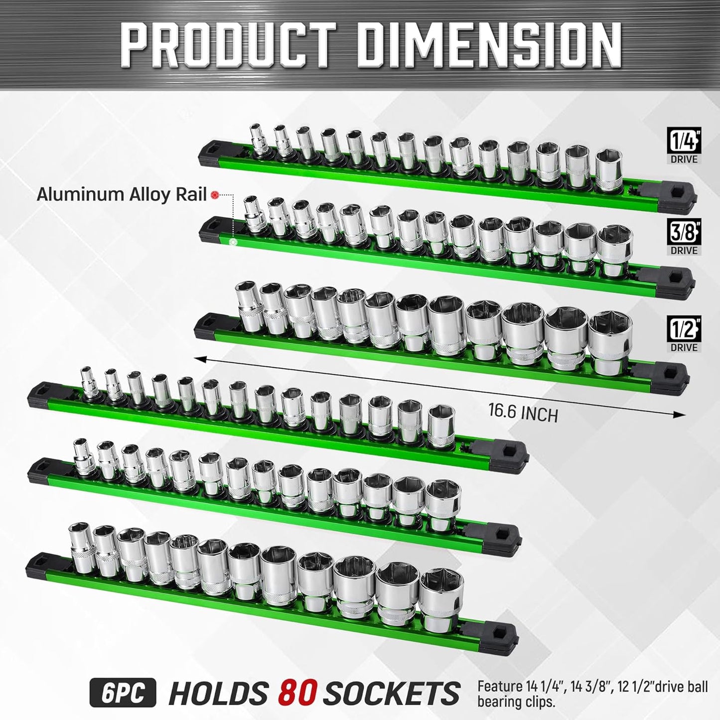 ALOANES 6-Piece Magnetic Socket Organizer, Heavy Duty Aluminum Socket Rails Organizer, 360° Swivel Clips Socket Holder Kit for Tool Box, 1/2, 3/8, 1/4-Inch Socket Holder x 80 Clips (Green)