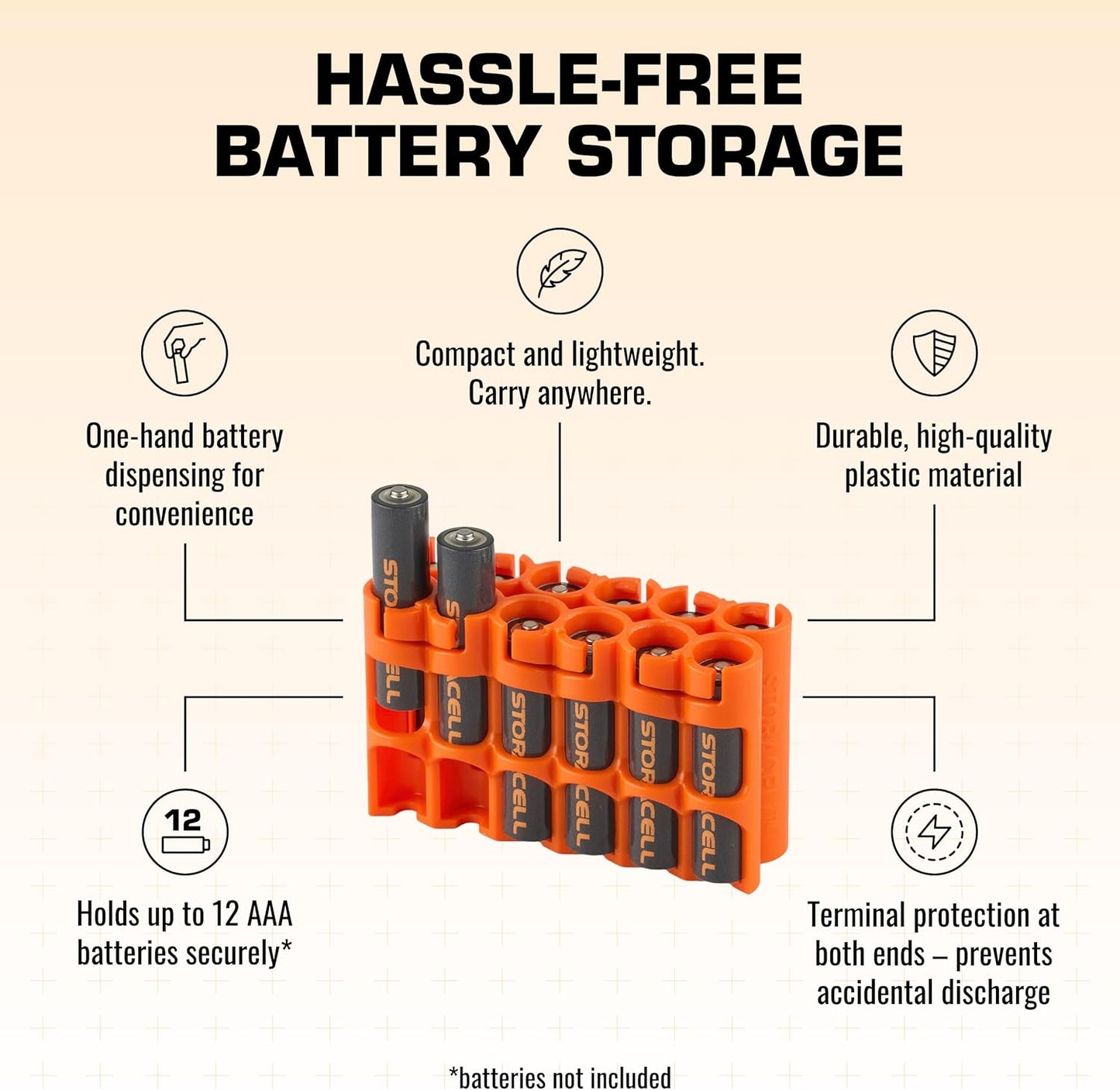Storacell by Powerpax AAA Battery Storage Caddy, Orange, Holds 12 Batteries (Not Included)