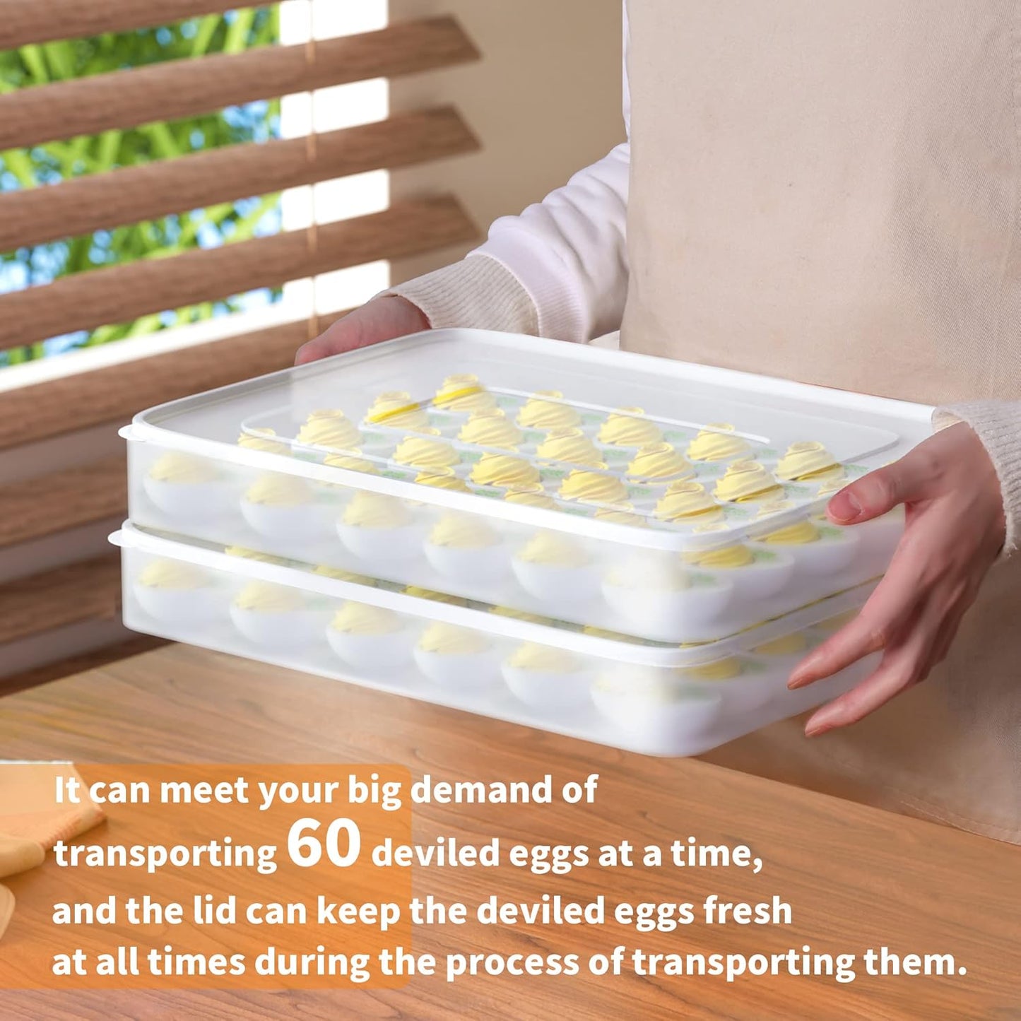 77L Deviled Egg Containers with Lid, (Set of 2), Plastic Deviled Egg Carrier Tray for 60 Eggs, Clear Storage Egg Holder for Refrigerator, Fridge Stackable Countertop Portable Egg Dispenser