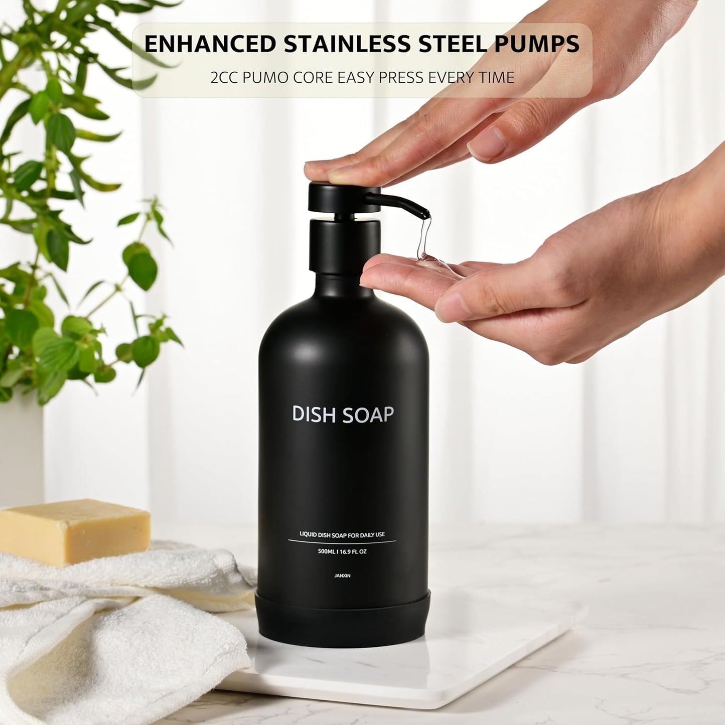 Glass Kitchen Soap Dispenser Set with Ceramic Tray,16.9 floz Hand and Dish Soap Dispenser for Kitchen and Bathroom Decor (White Bottles+Black Bottles)