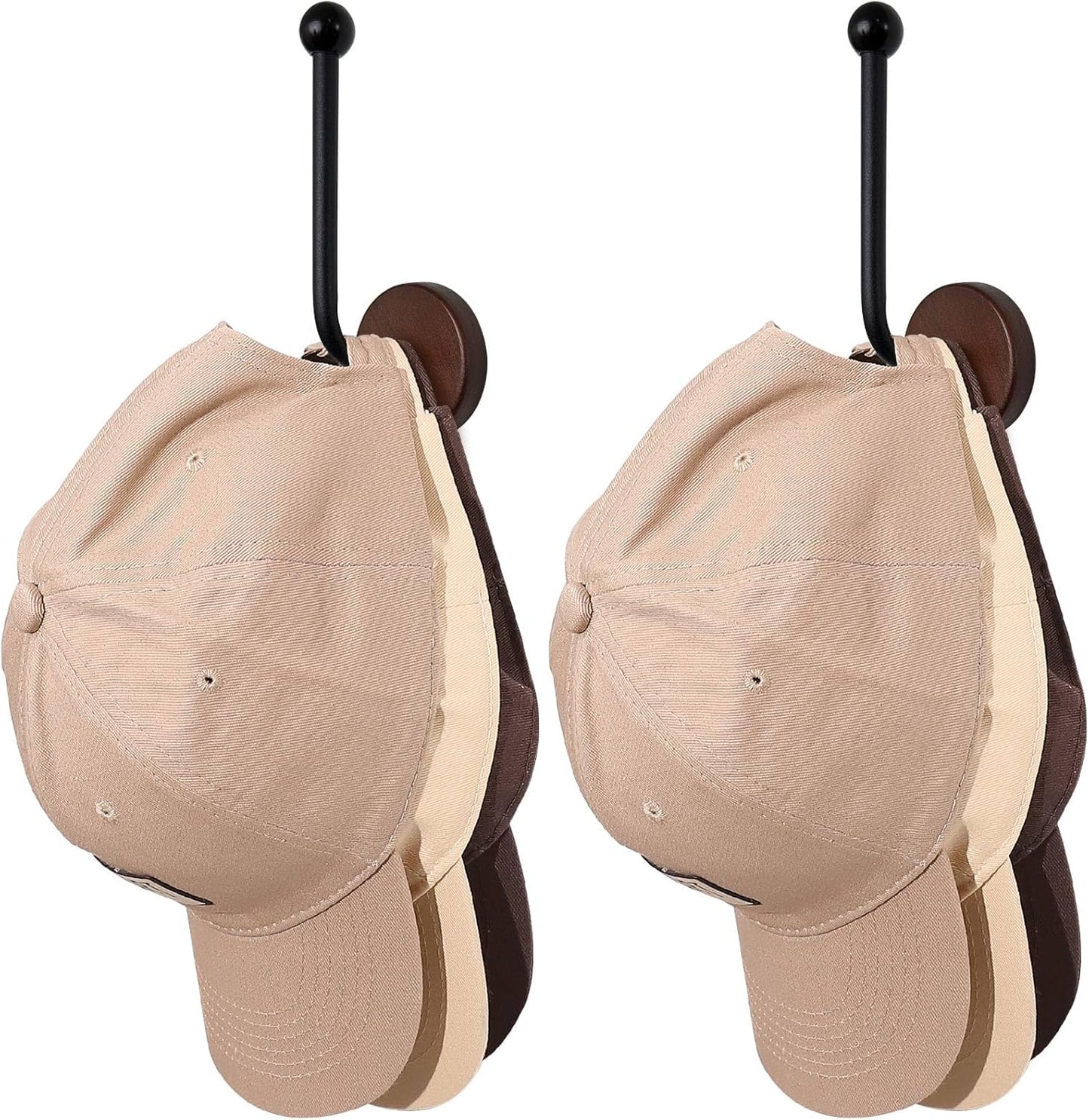 Adhesive Hat Holder Storage Organizer - Wall Mounted & Door Back Hat Rack with Wood Base & Metal Rod for Closet, Cabinet, Wardrobe (Black)