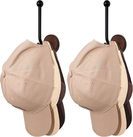 Adhesive Hat Holder Storage Organizer - Wall Mounted & Door Back Hat Rack with Wood Base & Metal Rod for Closet, Cabinet, Wardrobe (Black)