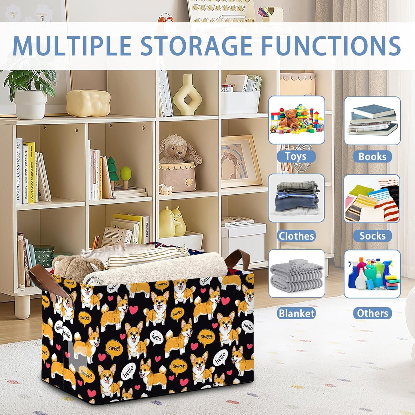 Cute Corgi Dog Storage Basket,Sweet Collapsible Storage Bin Cubes for Living Room Bedroom Blankets Home Storage 17x11.5x10Inch