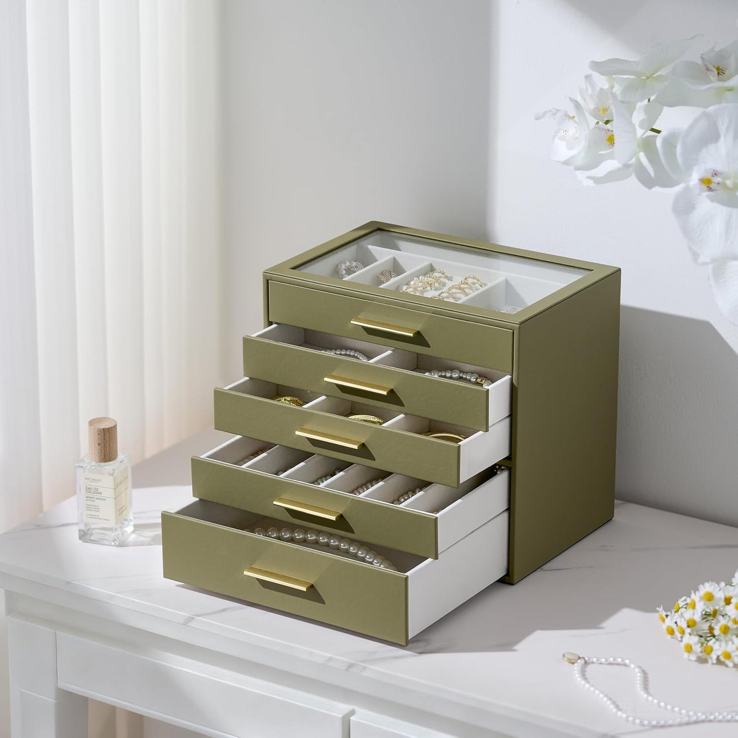 Jewelry Box Organizer Case for Women: 5-Layer Jewelry Storage Case with Glass Window, Olive Green Leather with Cream Velvet, Holder for Ring Necklace Bracelet Brooch Watch, Great Gift for Her