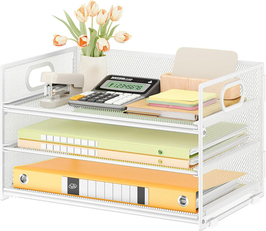 Subekyu 3 Tier Letter Tray Paper Organizer with Handle, 1 PC Sliding Tray, White Metal Mesh Desk File Folder Paper Sorter Organizer for Home Office School Desk Supplies Organization Storage