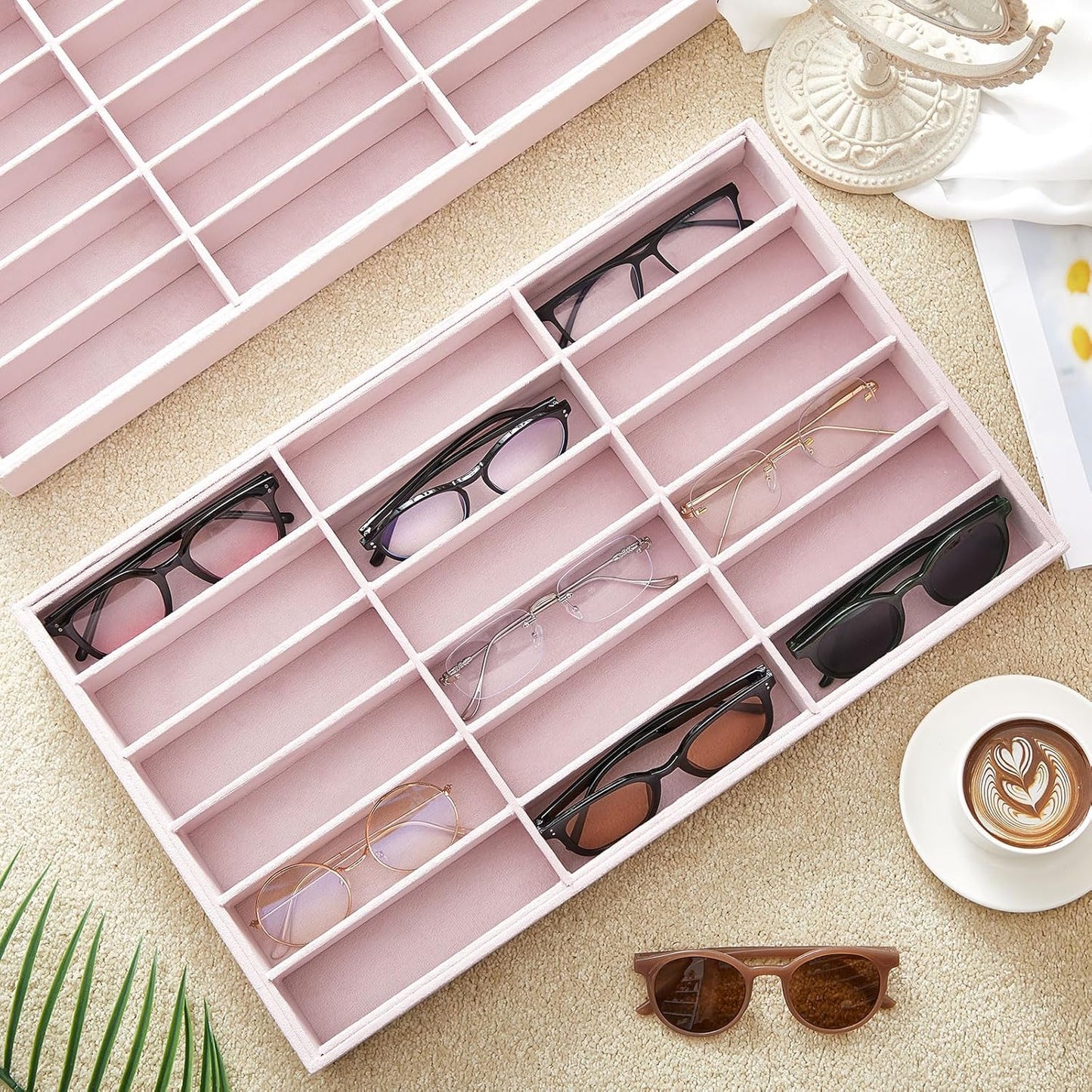 Amylove 2 Pcs Sunglass Organizer Trays Glasses Stackable Jewelry Trays Sunglass Organizer Display Box (18 Grids,Pink)