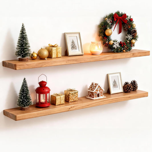 Fun Memories 36 Inch Floating Shelves for Wall, Solid Elm Wood Wall Shelf for Home Decor, Heavy-Duty Hardwood Floating Shelf for Bedroom, Bathroom, Living Room, Set of 2