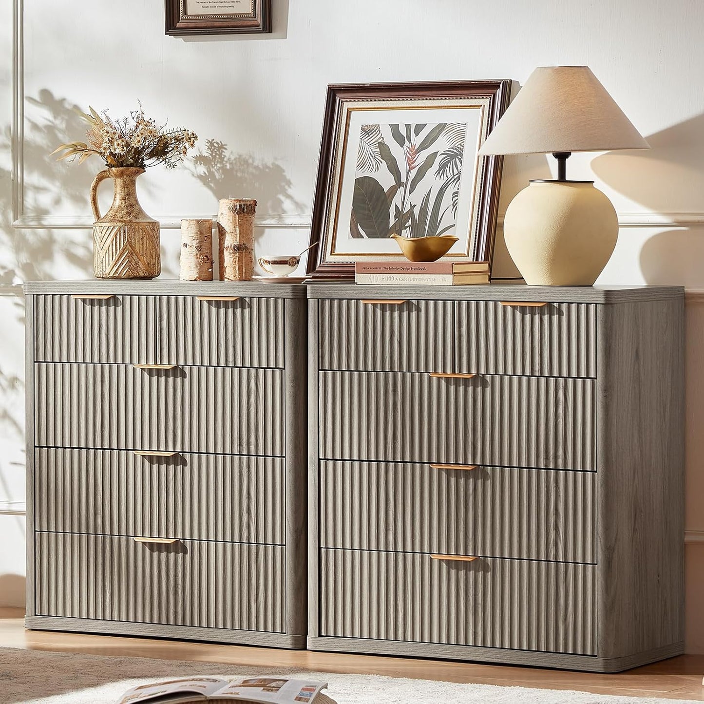 LEYAOYAO Fluted 5 Drawers Dresser for Bedroom Set of 2, 34" Tall Modern Chest of Drawers with Metal Handle, Curved Profile Design,Grey Wood Drawer Organizer for Bedroom, Living Room, Hallway