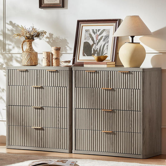 LEYAOYAO Fluted 5 Drawers Dresser for Bedroom Set of 2, 34" Tall Modern Chest of Drawers with Metal Handle, Curved Profile Design,Grey Wood Drawer Organizer for Bedroom, Living Room, Hallway