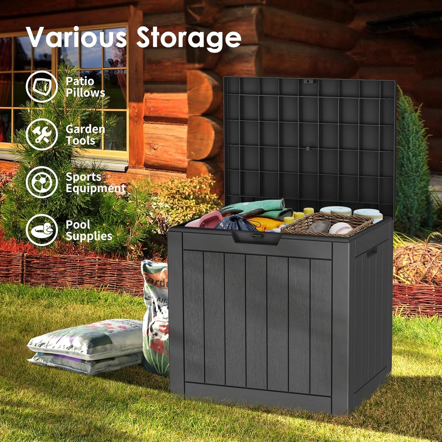 TARKARI 35 Gallon Lockable Resin Deck Box, Waterproof & UV-Resistant Outdoor Storage Box for Outdoor Cushion Storage, Garden Tools & Pool Accessories Storage, Black