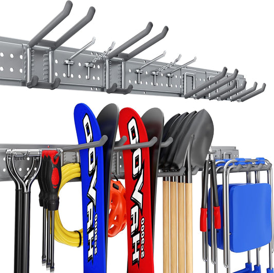 Garage Tool Organizer Wall Mount 48 inches with 10 Adjustable Heavy-Duty Hooks, Garage Organization, Garden Tool Storage Rack, Yard, and Shed, Holds Up to 400 lbs (Grey)