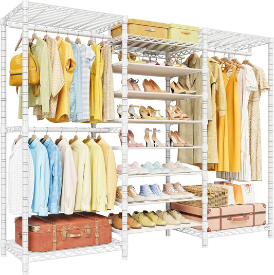 E16 Heavy Duty Clothing Rack（With 7-Tier Adjustable Shoe Rack） Freestanding Clothes Rack for Hanging Clothes，Metal Closet Storage Organizer Large Wardrobe，69'' W x 15.8'' D x 76.2'' H，White
