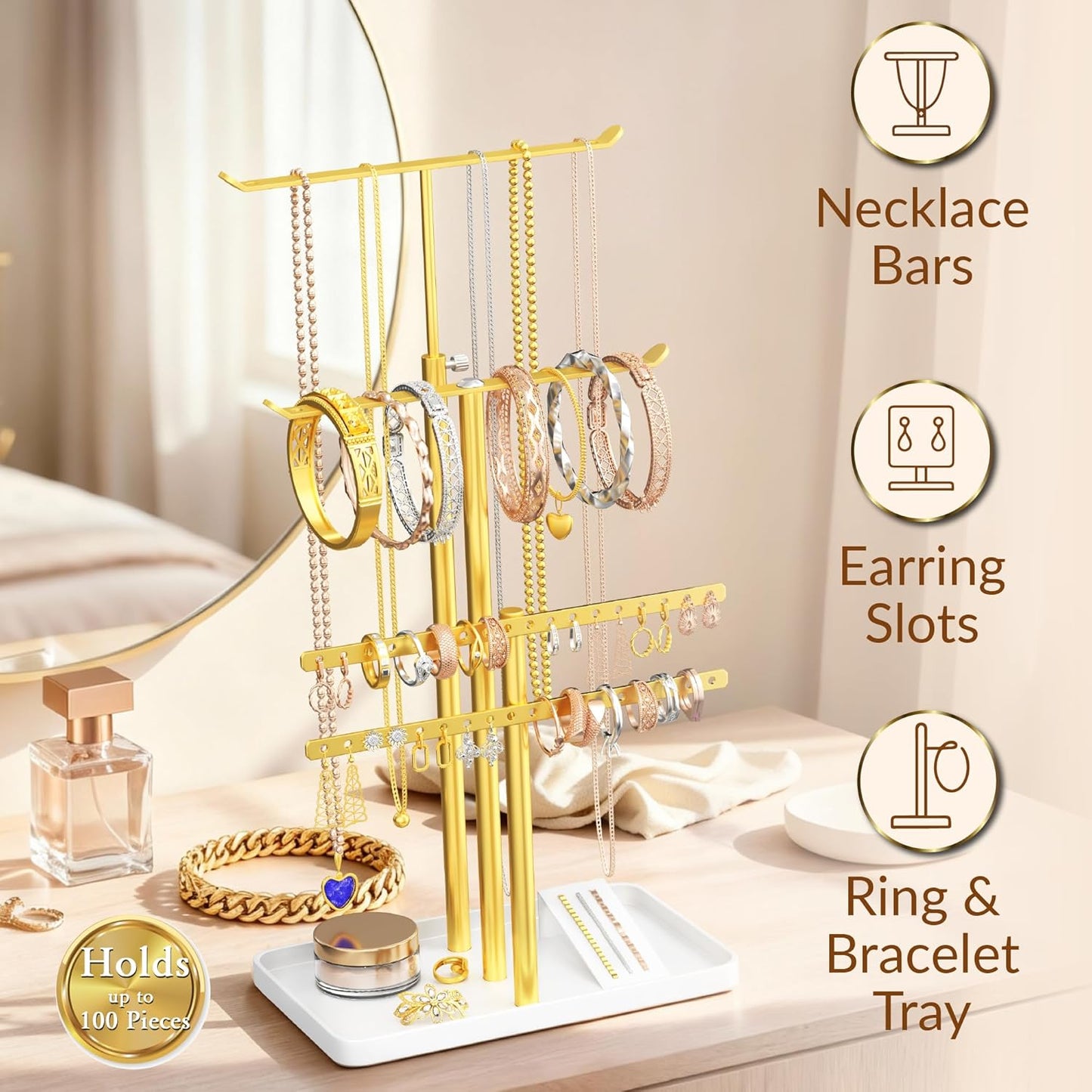Jewelry Tower Stand Organizer for Women - Elegant Jewelry Holder Display with Necklace Holder, Earring Organizer & Bracelet Rack - Tabletop Jewelry Stand for Dresser, Vanity, Desk