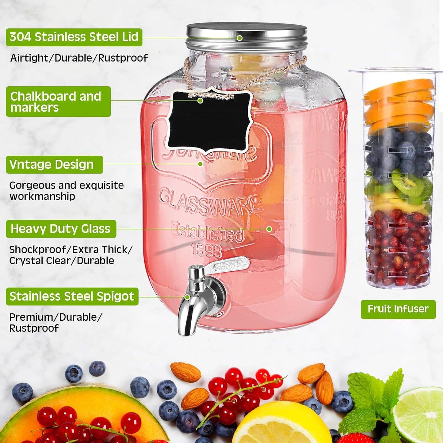 Lallisa 3 Pcs 2 Gallon Glass Drink Dispenser with Stand and Lid Mason Jar Beverage Dispenser with Stainless Steel Spigot, Hanging Chalkboard Signs, Fruit Infuse, Ice Cylinder, Liquid Pen (Silver)