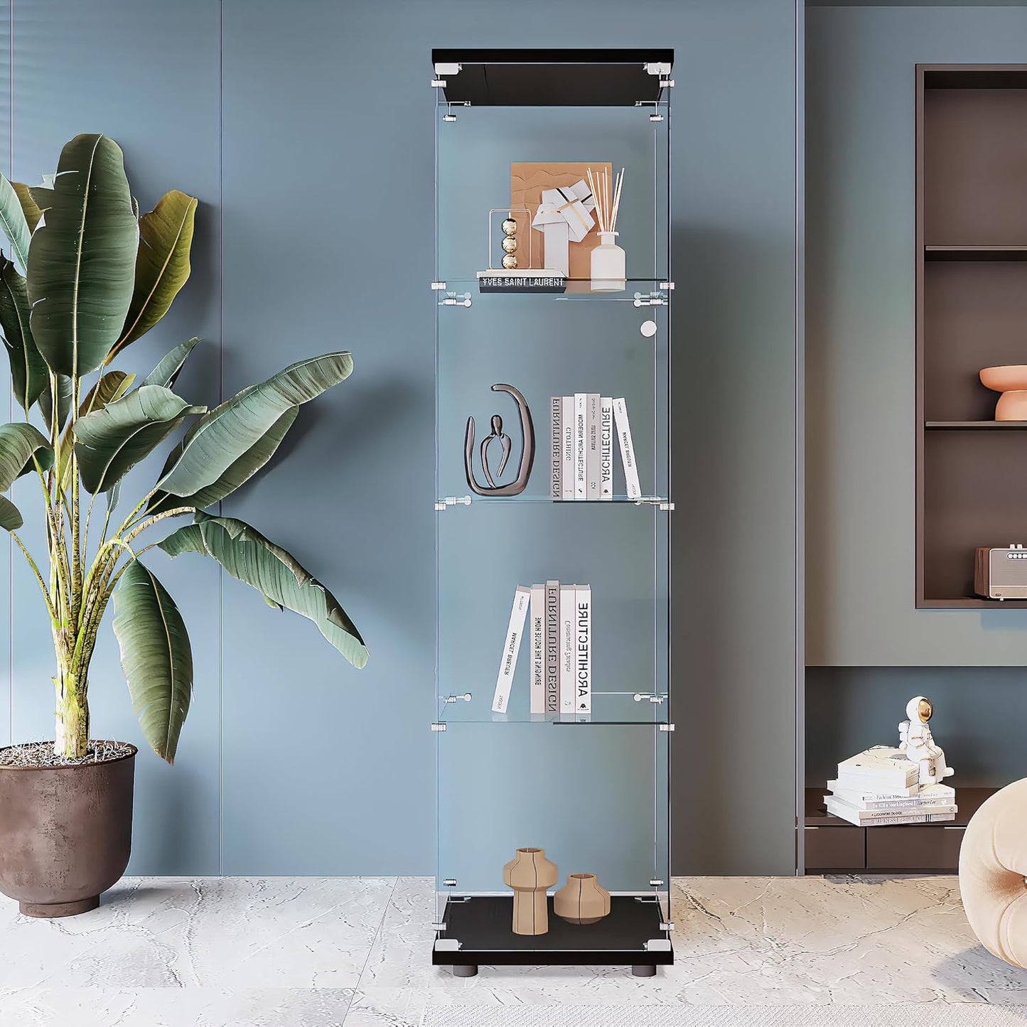 Beauty4U Glass Display Cabinet with 4 Shelves, Curio Cabinets for Living Room, Bedroom, Office, Black Floor Standing Glass Bookshelf, Quick Installation