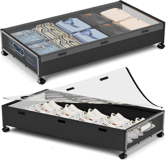 KITHELP Under Bed Storage with Wheels,2 Pack Under Bed Shoe Storage, Under the Bed Storage Drawers with Remove Window, Extra Large Rolling Under Bed Storage Metal Drawer for Clothes (Black-2 pack)
