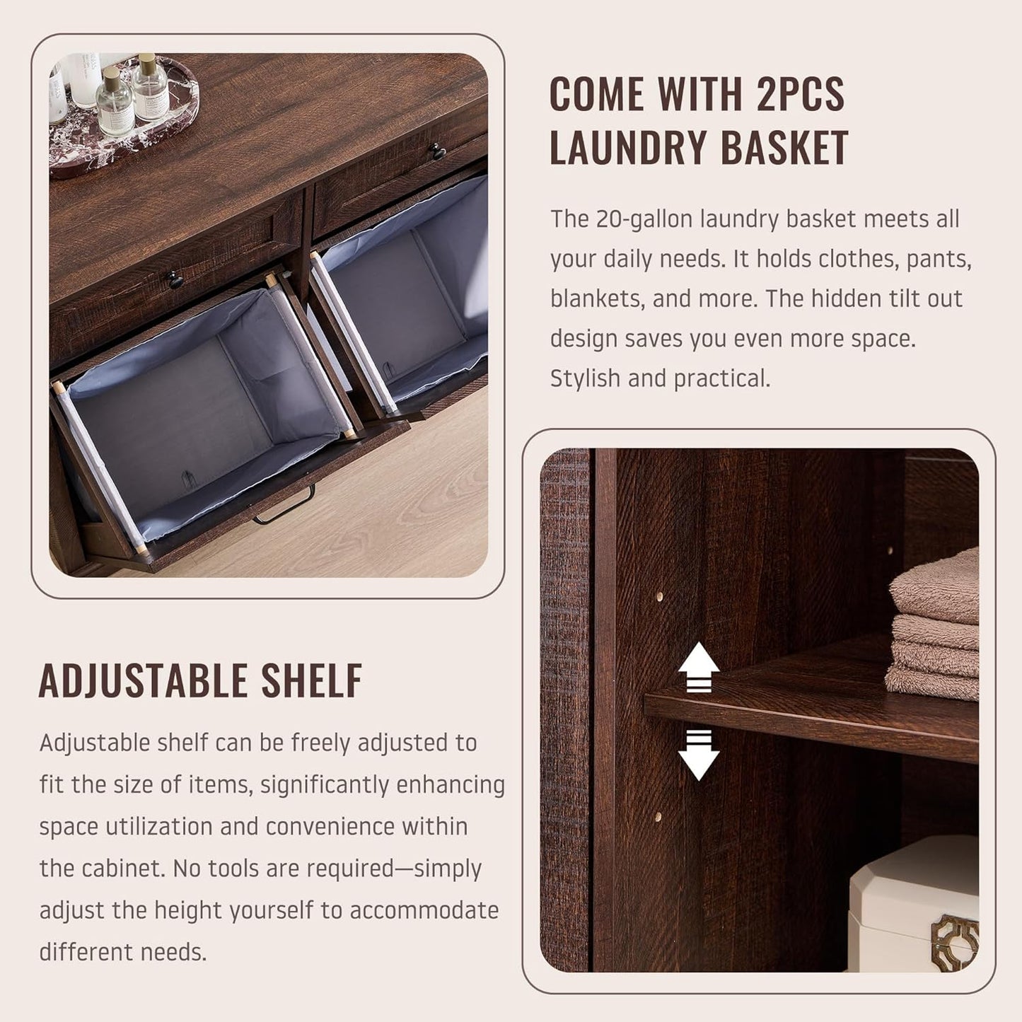Triple Tilt Out Laundry Hamper Cabinet, 20 Gallon Farmhouse Trash Can Cabinet w/Drawer & Adjustable Shelf, Hidden Garbage Can Bin Cabinets w/Laundry Basket for Bathroom, Kitchen (Brown)