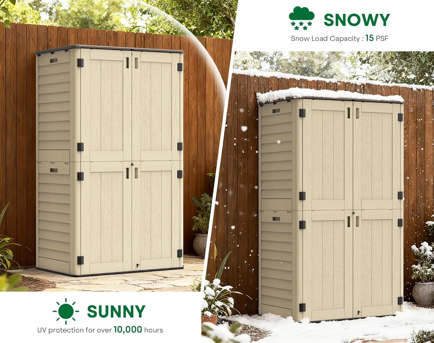 Vertical Outdoor Storage Shed, 60 Cu.Ft Resin Storage Cabinet Waterproof with Lockable Floor, All-Weather Tall Backyard Shed for Patio Furniture, Garage, Garden, Porch (Khaki)