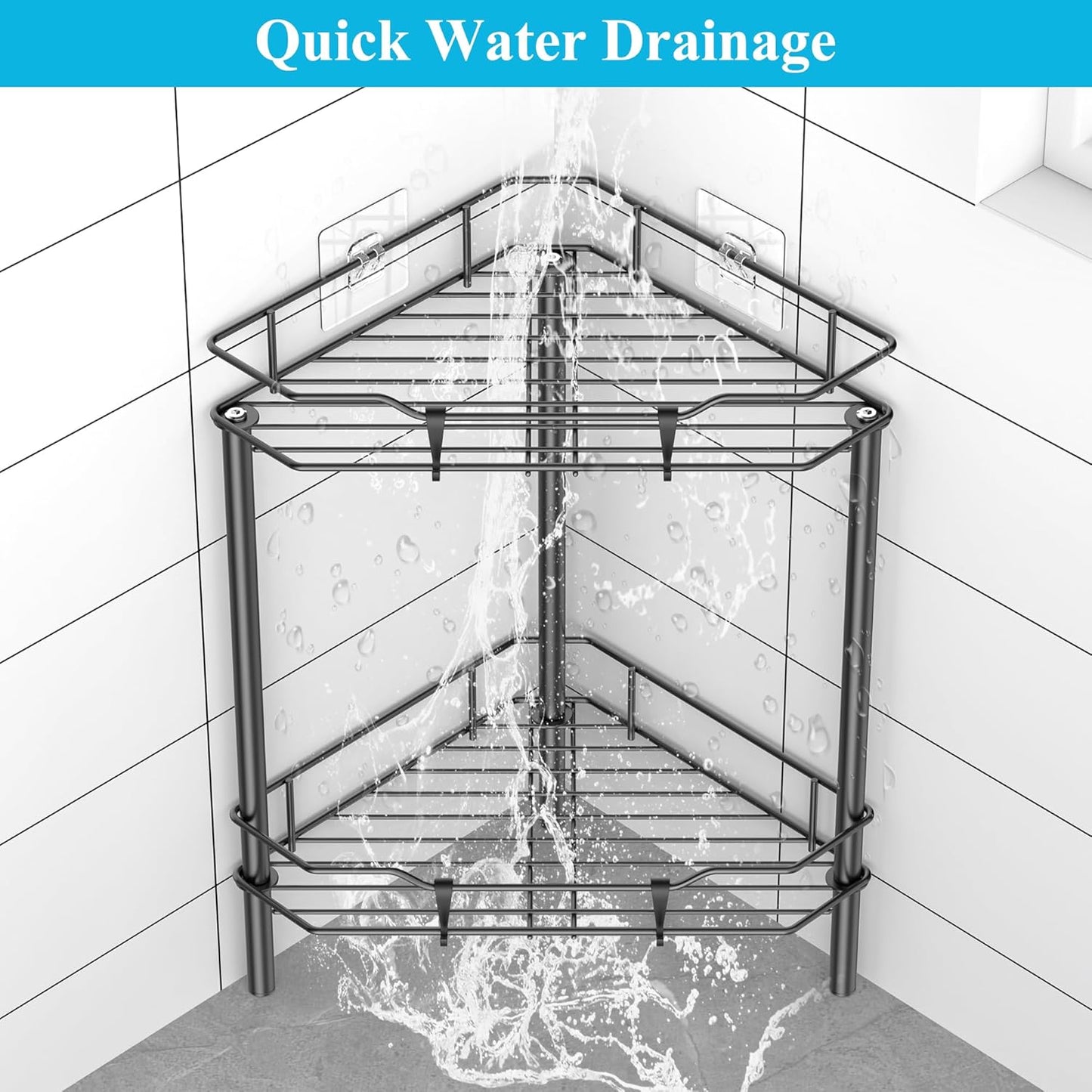 2 Tier Floor Standing Corner Shower Caddy Organizer Shelf with Hooks, Bathroom Shelves Stand Rack, Matt Black
