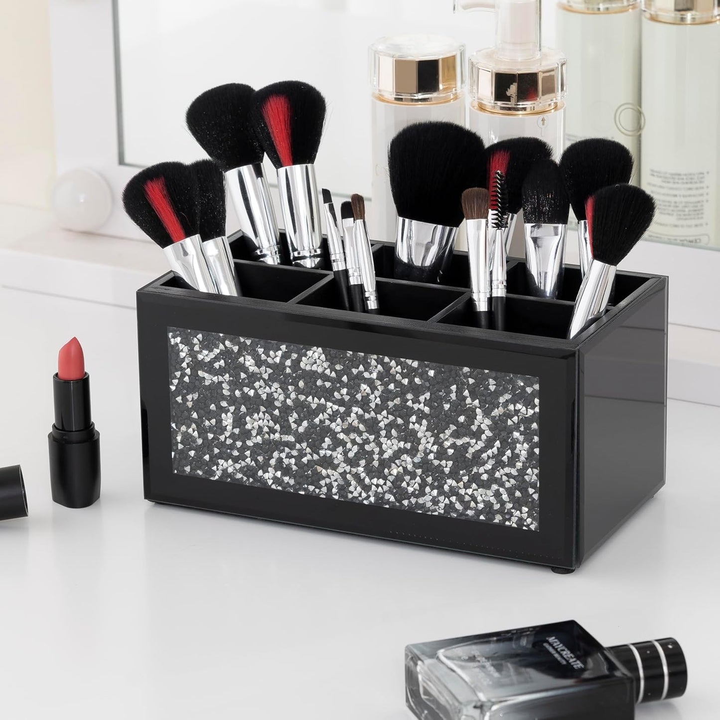 SHYFOY Remote Control Holder with 6 Compartments, Black Glass Desktop Organizer, Crystal Detail Design, 4.3x8.3x4 Inches, Multi-Purpose Storage Caddy for TV Remotes and Office Supplies