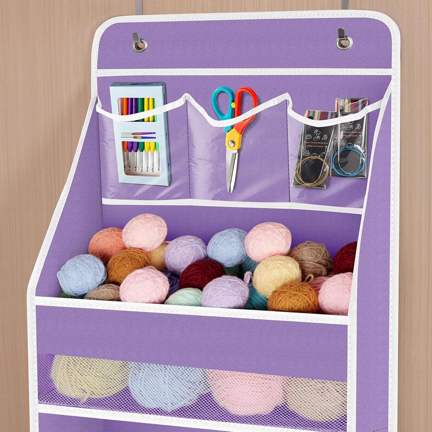 Univivi 5-Shelf Fabric Door Storage Over Door Hanging Organizer with 4 Large Pockets and 3 Small PVC Pockets Nursery Closet Cabinet Wall Mount Hanging Storage Organizers for Baby Nursery (Purple)