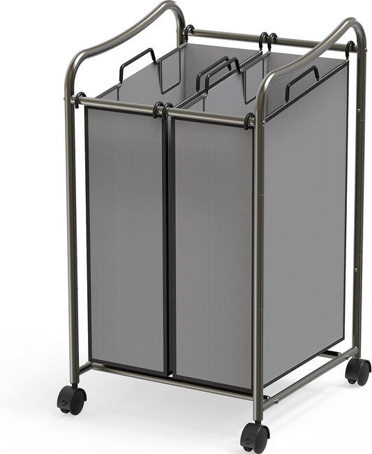 Simple Houseware 2-Bag Heavy Duty Rolling Laundry Sorter Cart, Dark Gray – 2 Section Removable Bags and Lockable Wheels for Laundry Room Organization