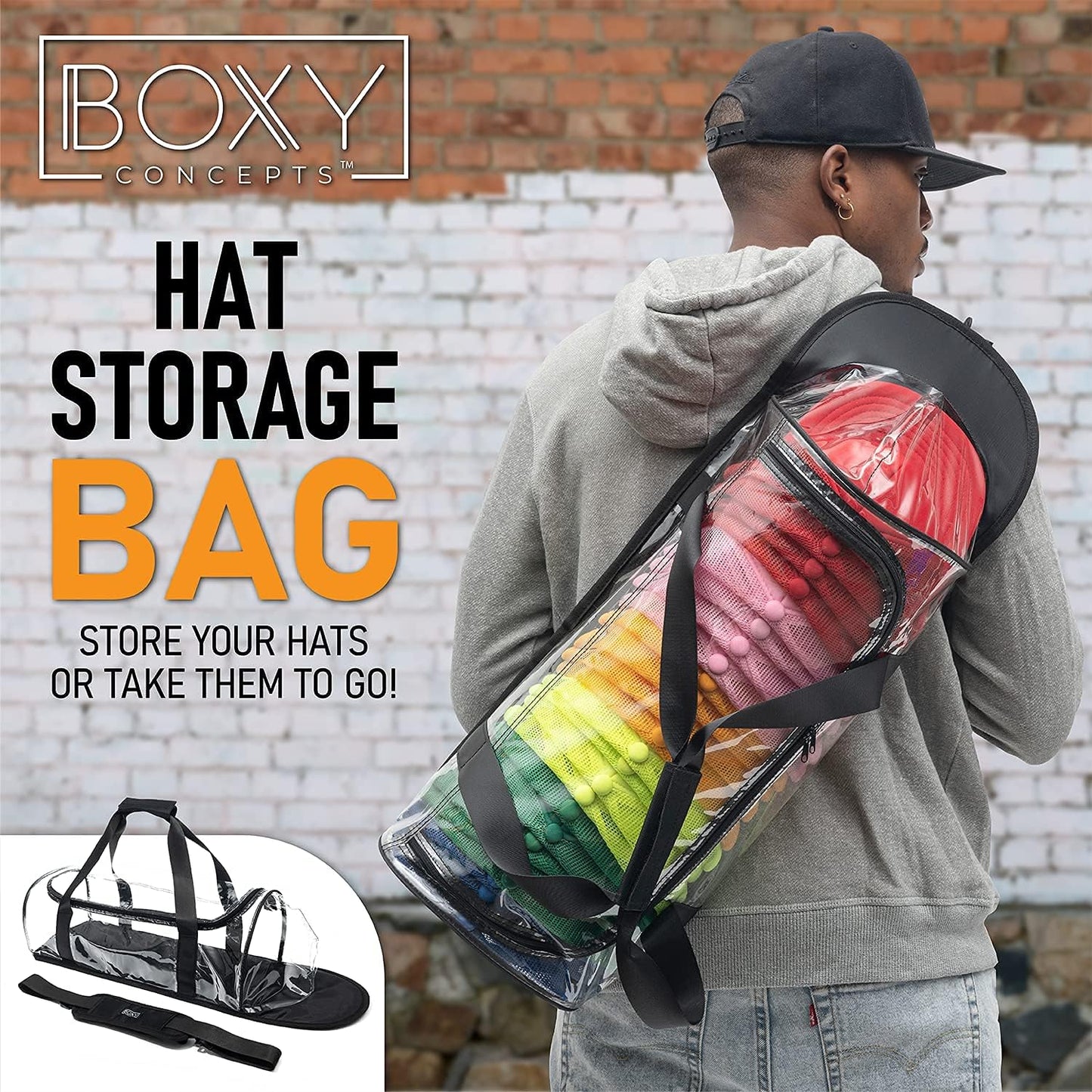 Boxy Concepts Transparent Dome Hat Storage Bag - Black, 27 x 9 x 8 in - Holds 24 Caps as Baseball Cap Organizer - Travel-Friendly Headwear Organizer - Hat Rack for Wall