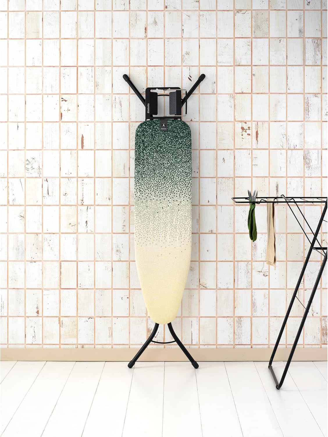 Brabantia Size A Compact Small Ironing Board (43x12 in) 7 Height Options, Adjustable Steam Iron Rest Holder (New Dawn) Non-Slip Feet, Anti-Collapse Child Locks