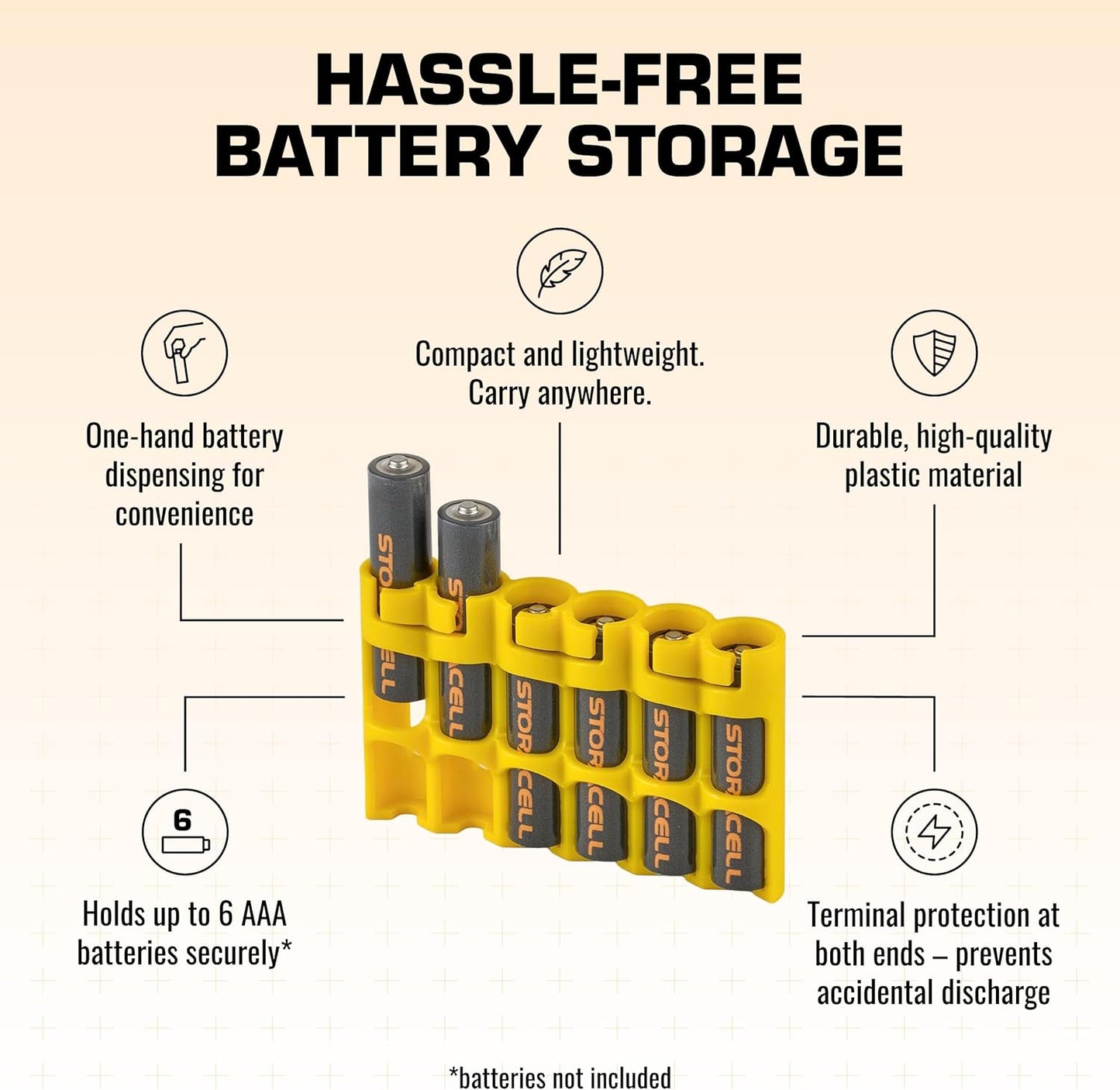 AAA Battery Storage Caddy by Storacell, Yellow, Holds 6 Batteries (Not included)