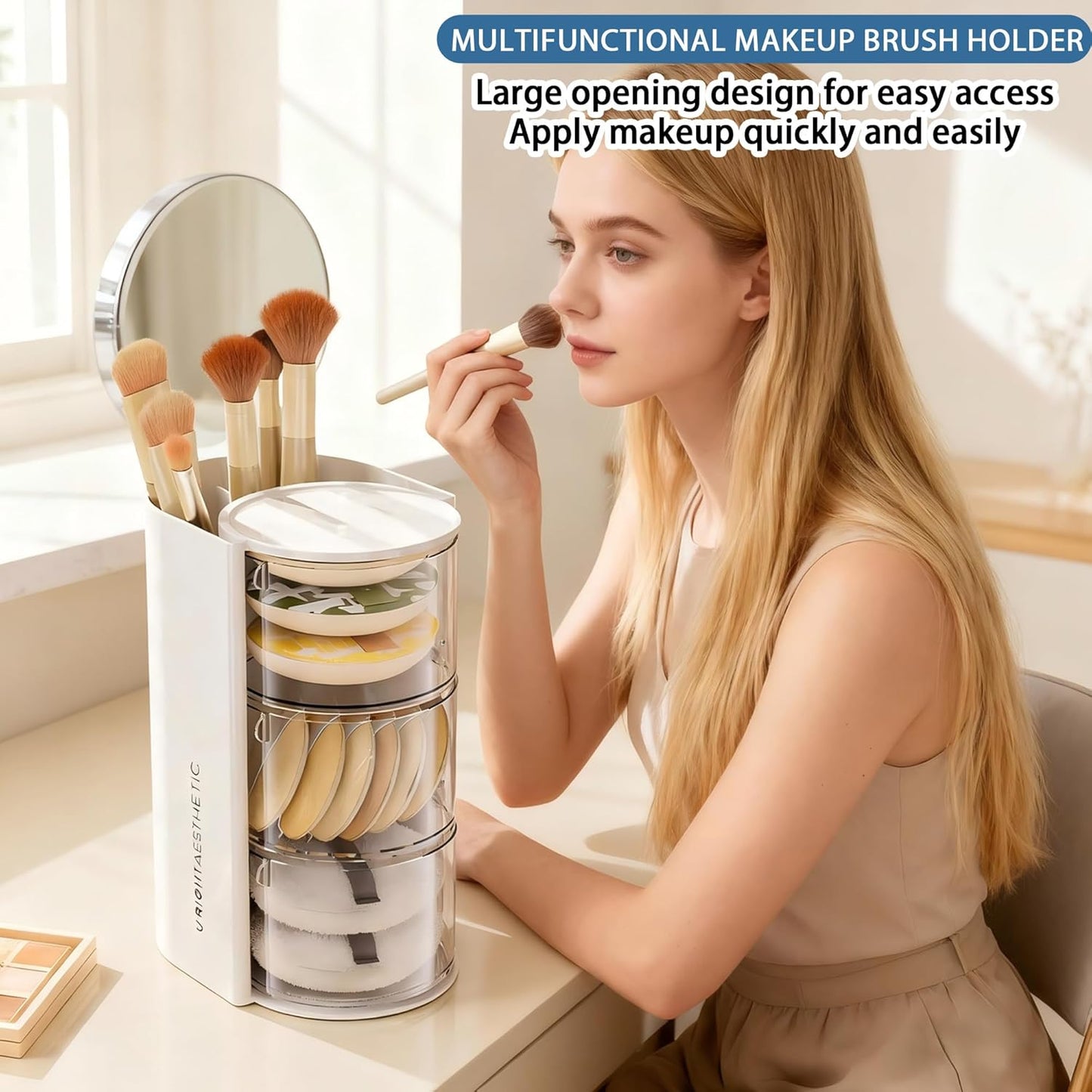 Hair Accessories Organizer with Hair Brush Holder, Rotatable Makeup Brush Holder for Necklaces, Earring, Bracelet, Ring, Makeup Brushes, Hair Clip and Hair Accessories (White, 3-Layer)