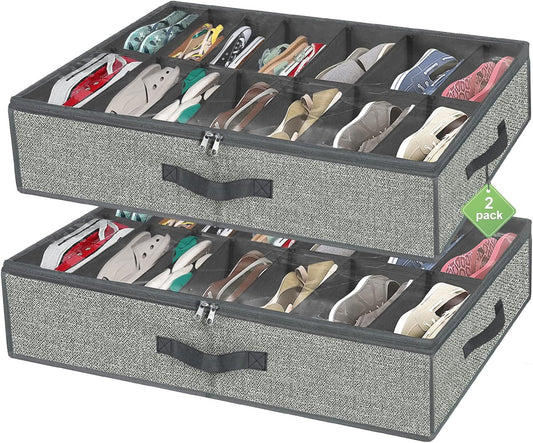 homyfort 28 Pairs Shoe Organizer Under Bed, Underbed Shoe Storage Boxes Bins, Organizador De Zapatos, Extra Large Zapateras Organizer, Grey, Set of 2