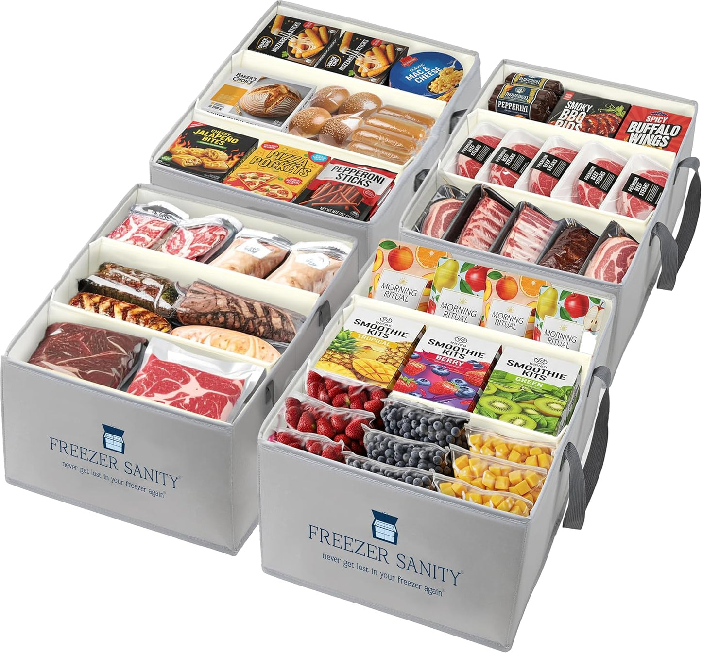 The Original Chest Freezer Organizer Bins, Stackable Storage Organizers, Deep Freezer Dividers, Handles, Heavy-Duty, Water-Proo (4 Pack Large 19x14x9)