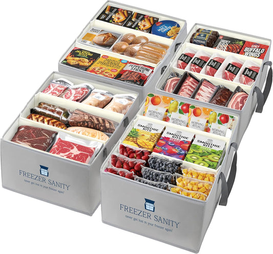 The Original Chest Freezer Organizer Bins, Stackable Storage Organizers, Deep Freezer Dividers, Handles, Heavy-Duty, Water-Proo (4 Pack Large 19x14x9)