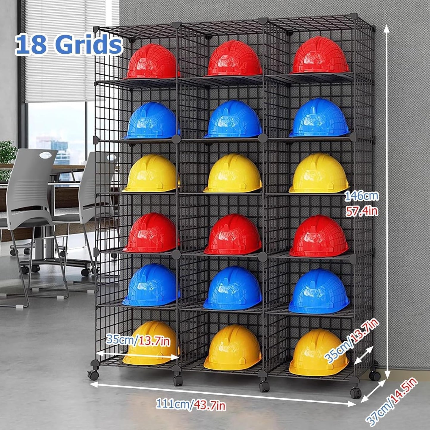 Stackable Safety Helmet Storage Boxes, Large Adjustable Hard Hat Placement Organizer Rack,with Wheels,for Construction Site/Garage/Workshop/Factory Helmet Display Shelf (Black, 18 Grids-3 * 6)