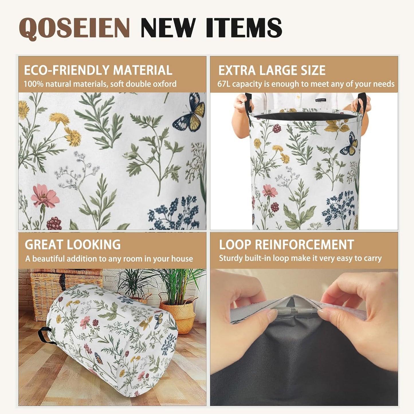 Beautiful Floral Laundry Hamper,Collapsible Laundry Baskets,Flowers Butterfly Dirty Clothes Baskets with Handles,Oxford Cloth Hamper for Bedroom,Bathroom,College Dorms,16"x20"
