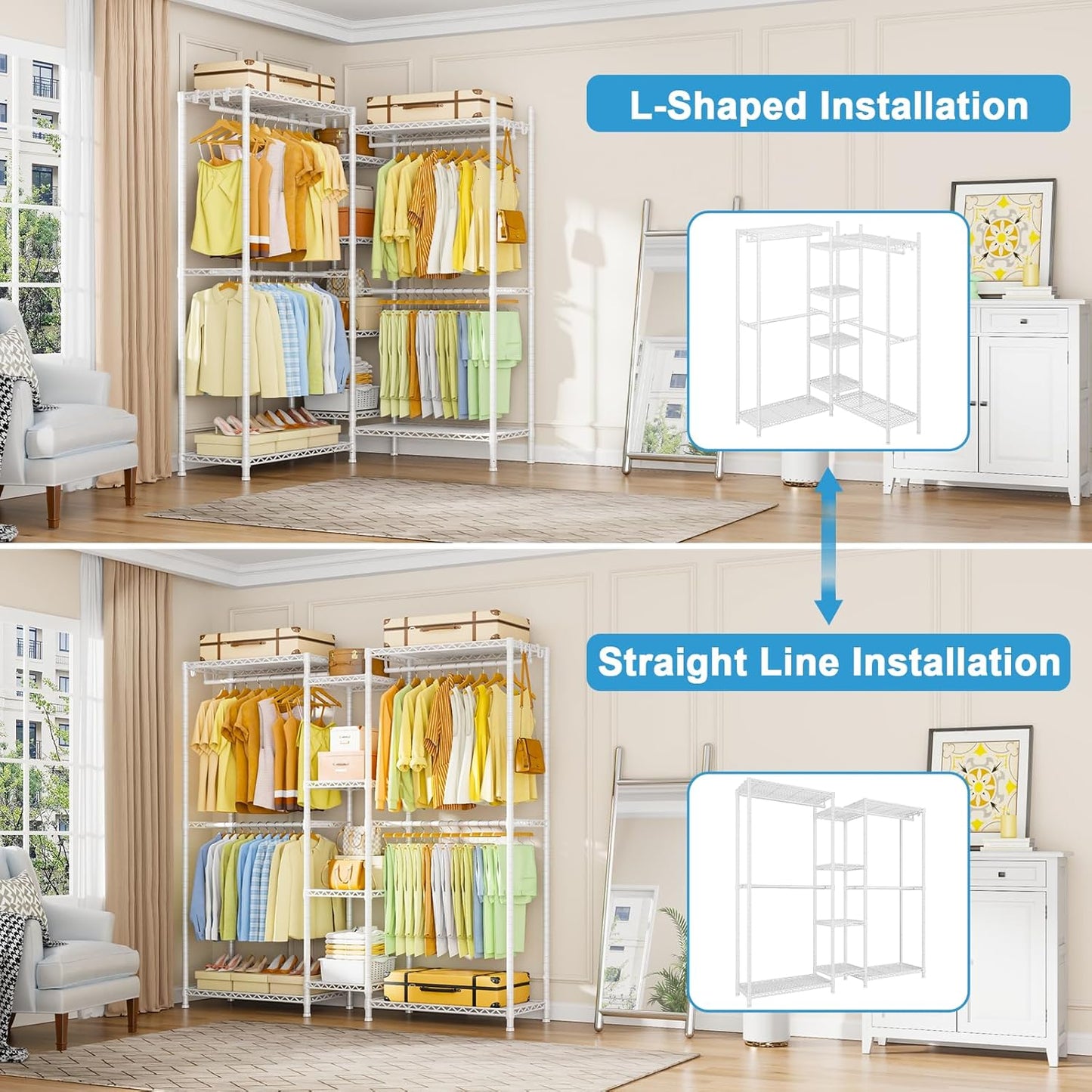 Ulif E4 Clothes Rack, Heavy-Duty Garment Rack, Metal Freestanding Clothing Organization Storage System Can Be L-shaped with Shelves and Hangers, Max Load 962lbs, 71.6" W x 14.5" D x 79.3" H, White