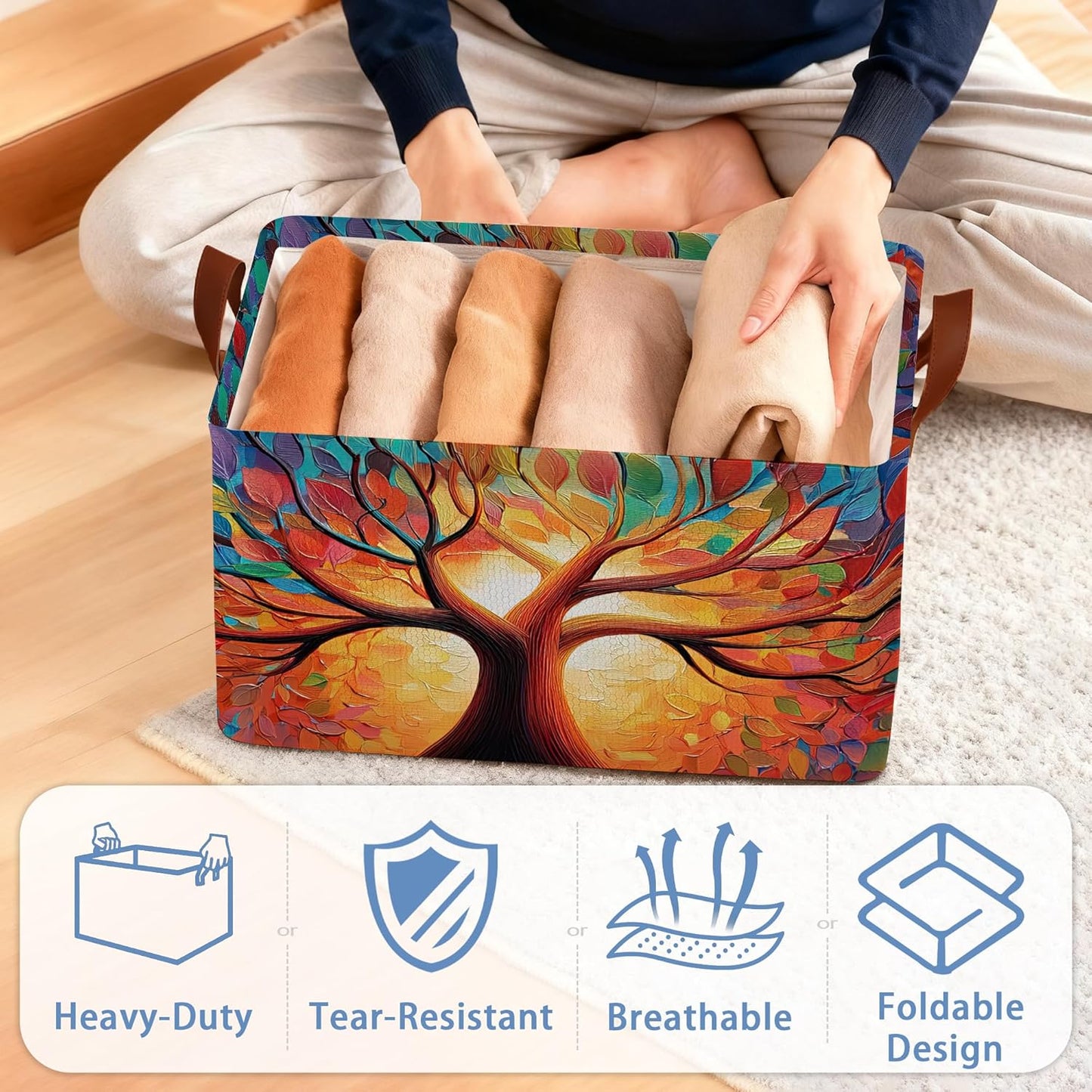 Tree of Life Storage Basket with Handles,Colorful Collapsible Rectangle Organizer Bin for Room Decoration Books Box Baskets 17x11.5x10Inch