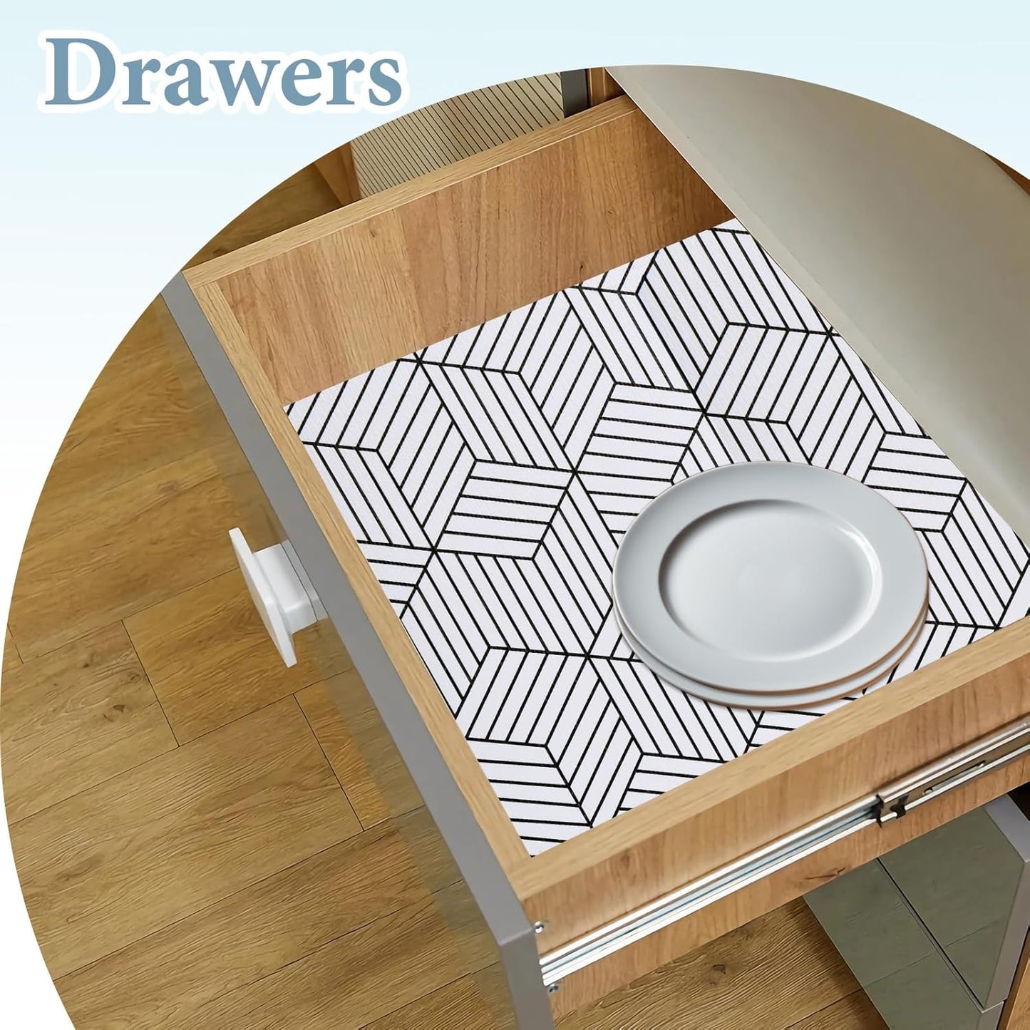 Shelf Liners for Kitchen Cabinets 12in x 20FT, Non Adhesive Cabinet Liner Strong Non-Slip Thickened Black White Geometric Drawer Liner, Easy to Clean for Shelf, Cabinet with Knife and Tape Measure