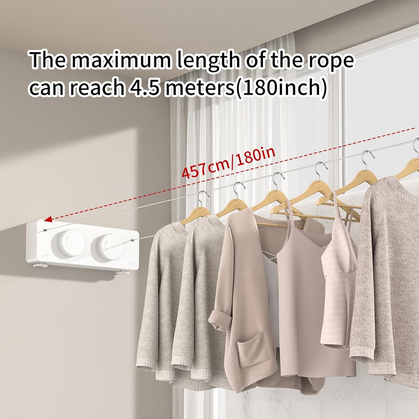 Retractable Clothesline Heavy Duty Clothes Drying Laundry Line Wall Mounted Easy Hanging Clothes Drying Laundry Line Retracting Hanging Lock to Prevent Sagging (Two line,White)