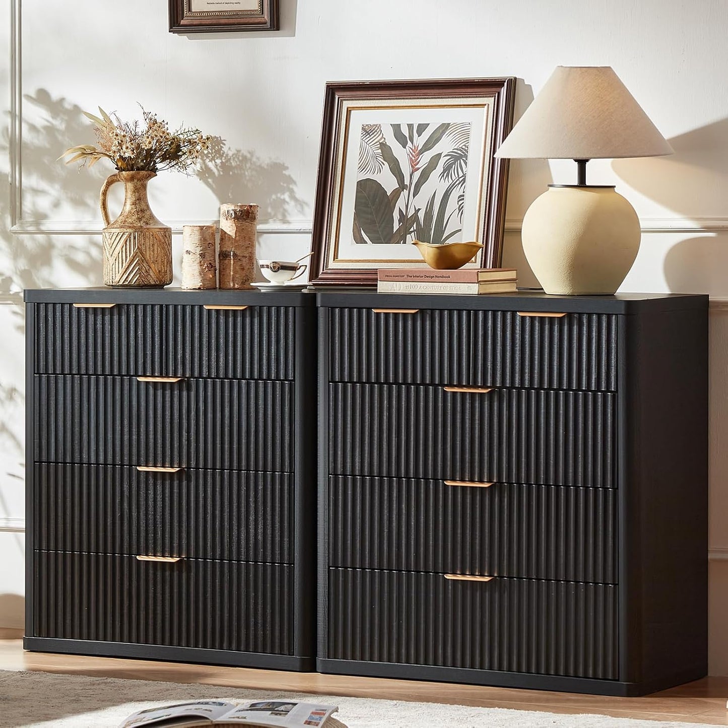 LEYAOYAO Fluted 5 Drawers Dresser for Bedroom Set of 2, 34" Tall Modern Chest of Drawers with Metal Handle, Curved Profile Design,Black Wood Drawer Organizer for Bedroom, Living Room, Hallway
