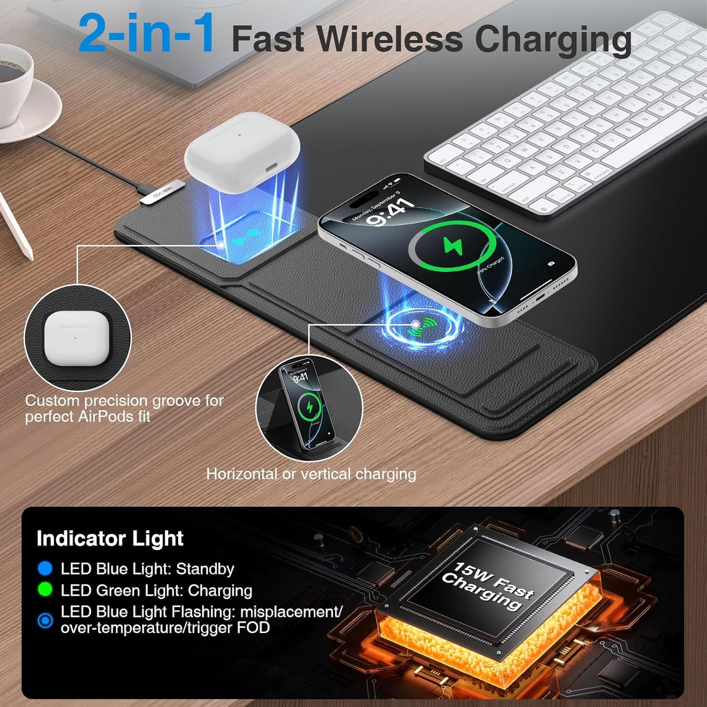 Wireless Charging Mouse Pad with Foldable Phone Holder, 31.5"x15.8" Extended Desk Mat for Laptop/Keyboard, Waterproof Ultra-Smooth Surface, Non-Slip Base & 20W PD Adapter, Black